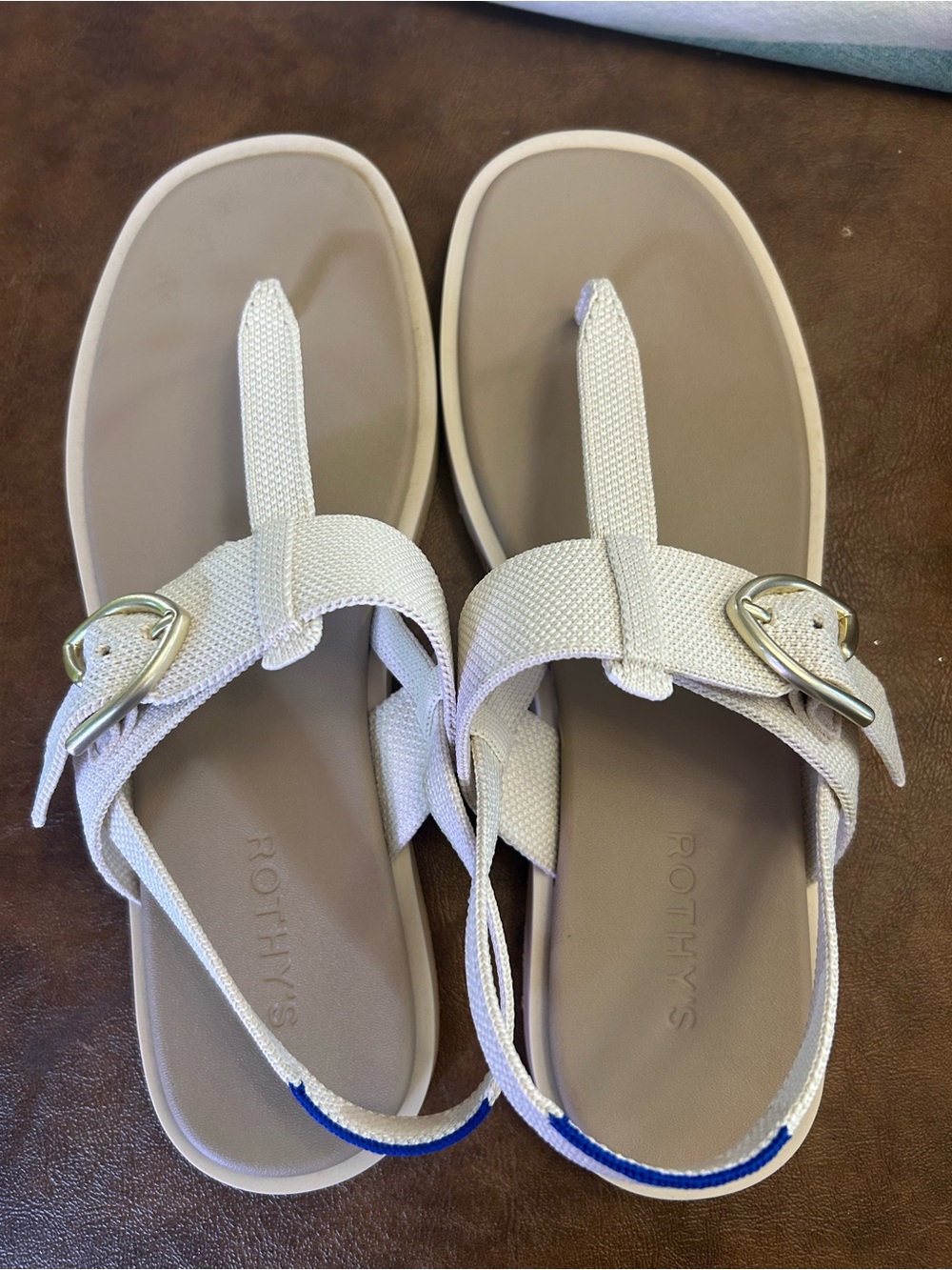 Rothy's Cream and Taupe Slingback Toe-Loop Sandals with Gold Buckles